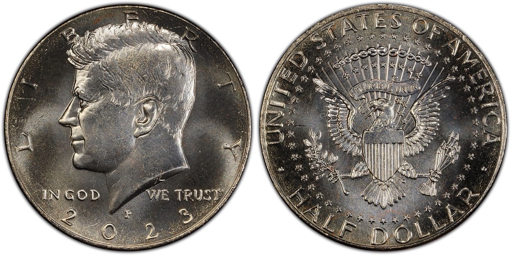2023 Kennedy half dollar obverse and reverse showing P and D mint marks