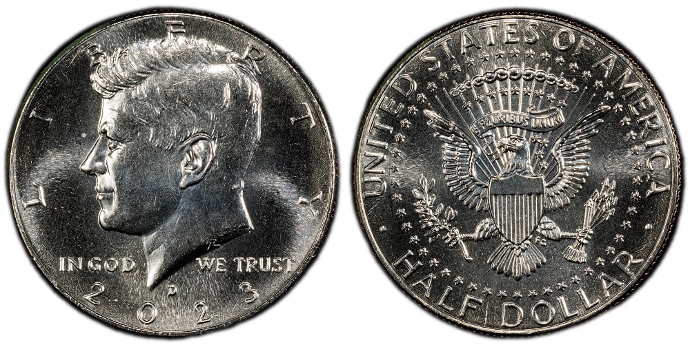 Side-by-side comparison of typical 2023-D Kennedy half dollar versus near-perfect MS68 surface quality