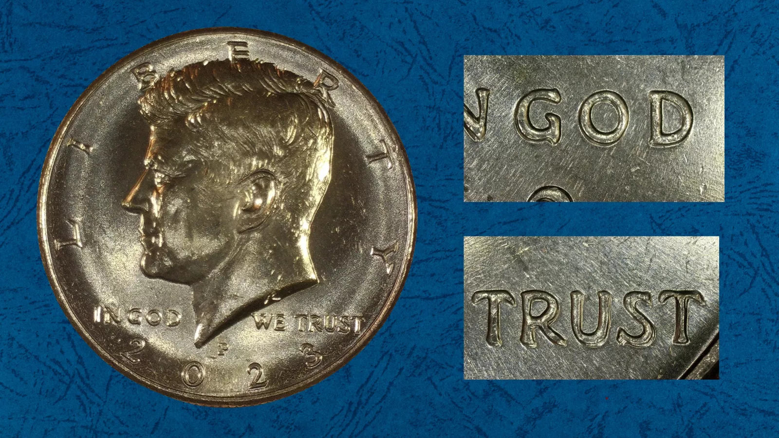 2023 Kennedy half dollar Doubled Die Obverse error showing doubling on LIBERTY lettering under magnification