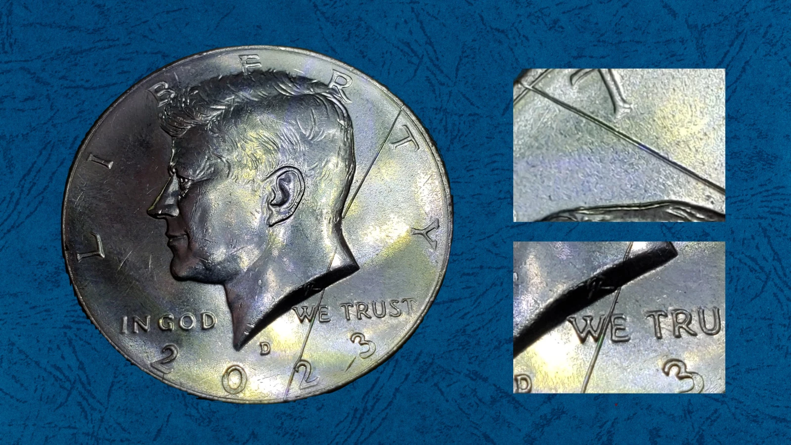 2023 Kennedy half dollar die crack error showing raised raised line across Kennedy portrait under raking light