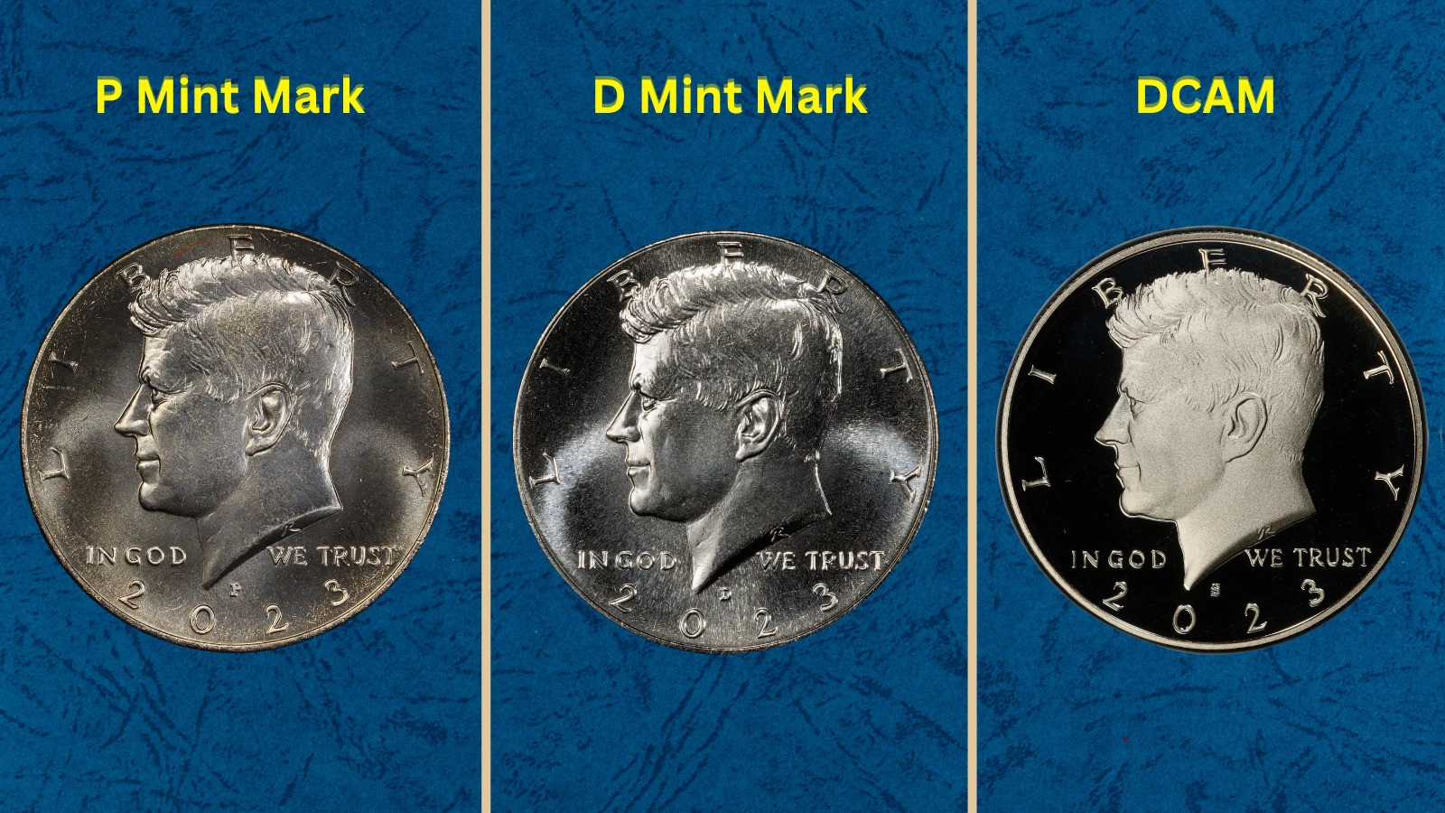 Group of 2023 Kennedy half dollars from Philadelphia and Denver Mints showing original bank roll examples